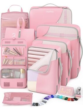 Pink Travel Packing Cubes and Cosmetic Organizer Set